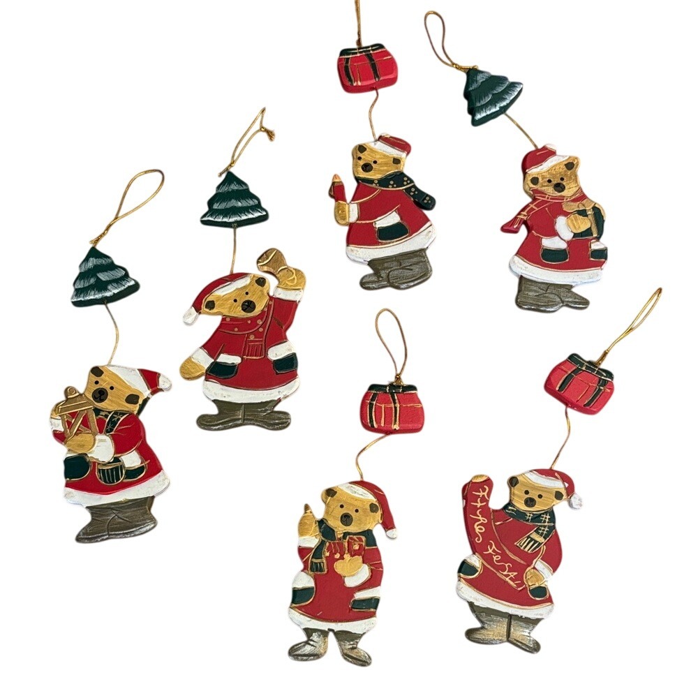 Vintage Wood Painted Christmas Holiday Bear Ornaments Set (6) 4" Retro 90s Decor